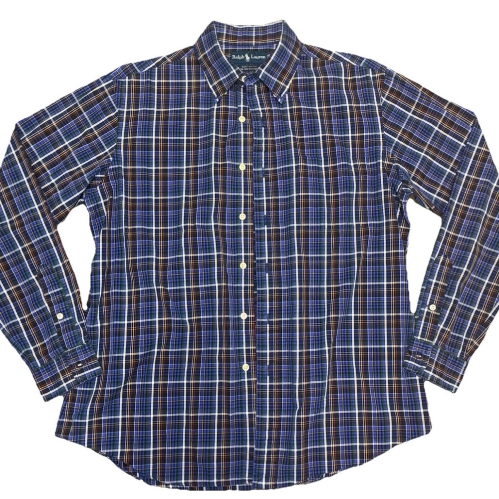 Ralph Lauren Plaid Button Down Shirt Mens Large Custom Fit Blue Cotton